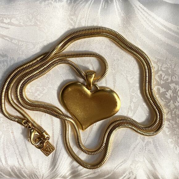 Anne Klein Jewelry - VTG Ann Klein Gold Plate Puffy Heart Pendant Long Snake Chain Necklace 35”